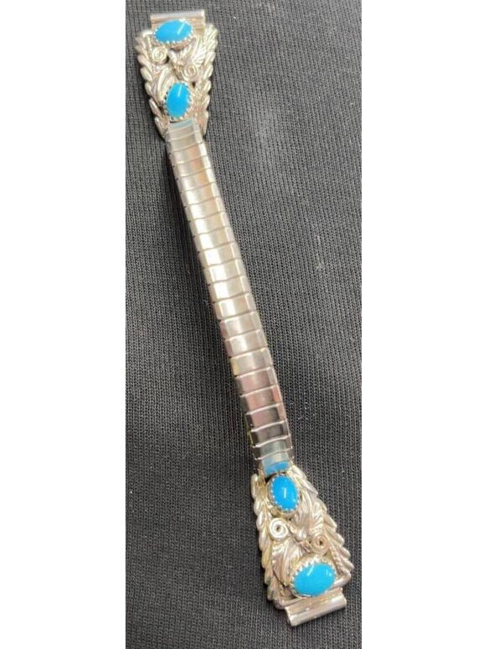 Native American Navajo handmade sterling silver turquoise watch band with tips
